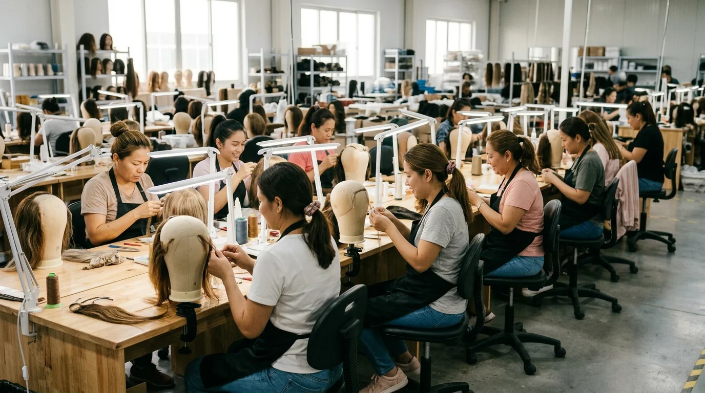 Source Wigs team examining a wig at a work table in the factory